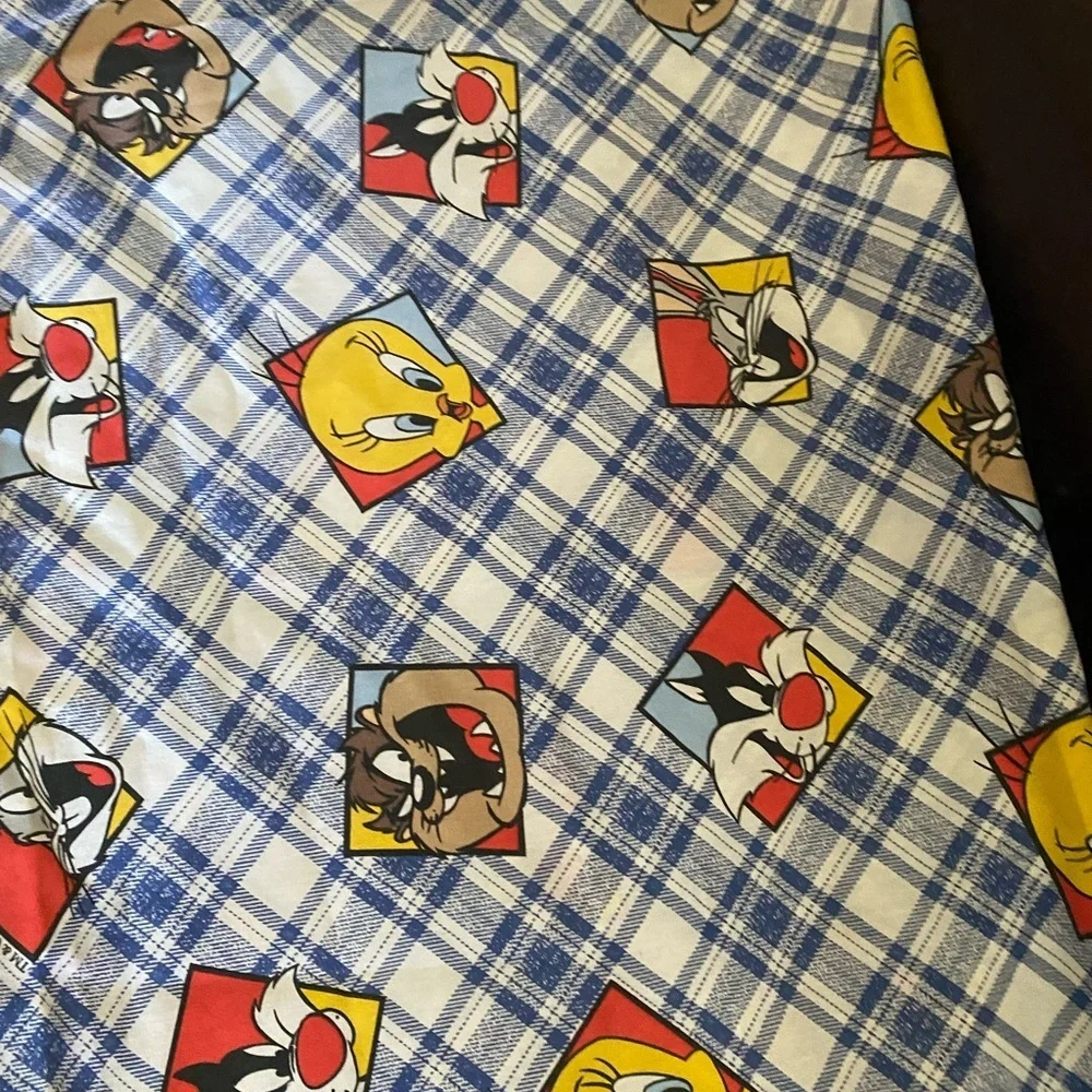 Vintage 1995 Looney Tunes Warner Bros. Character Plaid Blue WhiteTwin Flat Sheet